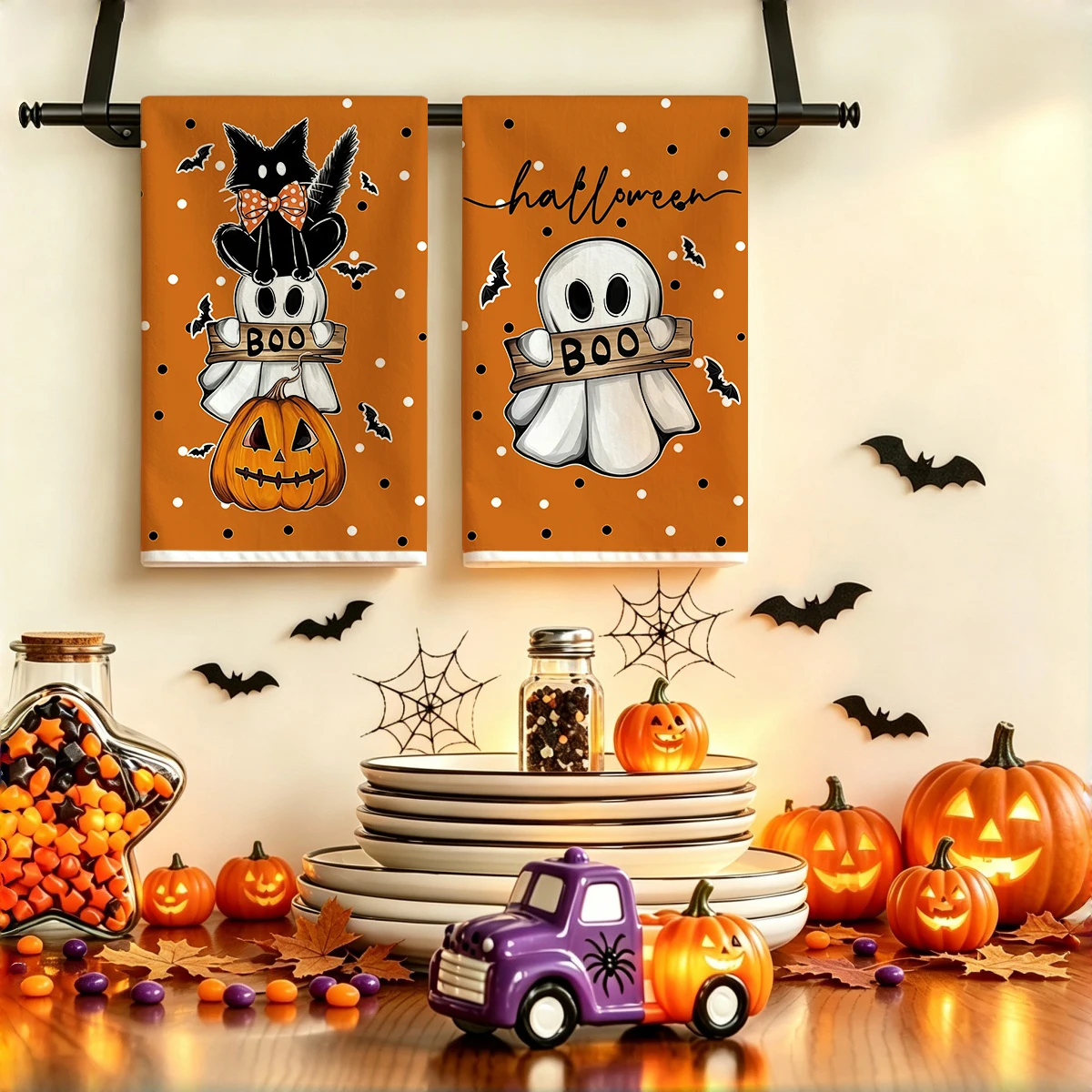 2pcs Halloween kitchen towels, retro ghost, black cat, pumpkin, bat printed towel set, home decoration kitchen towels,
