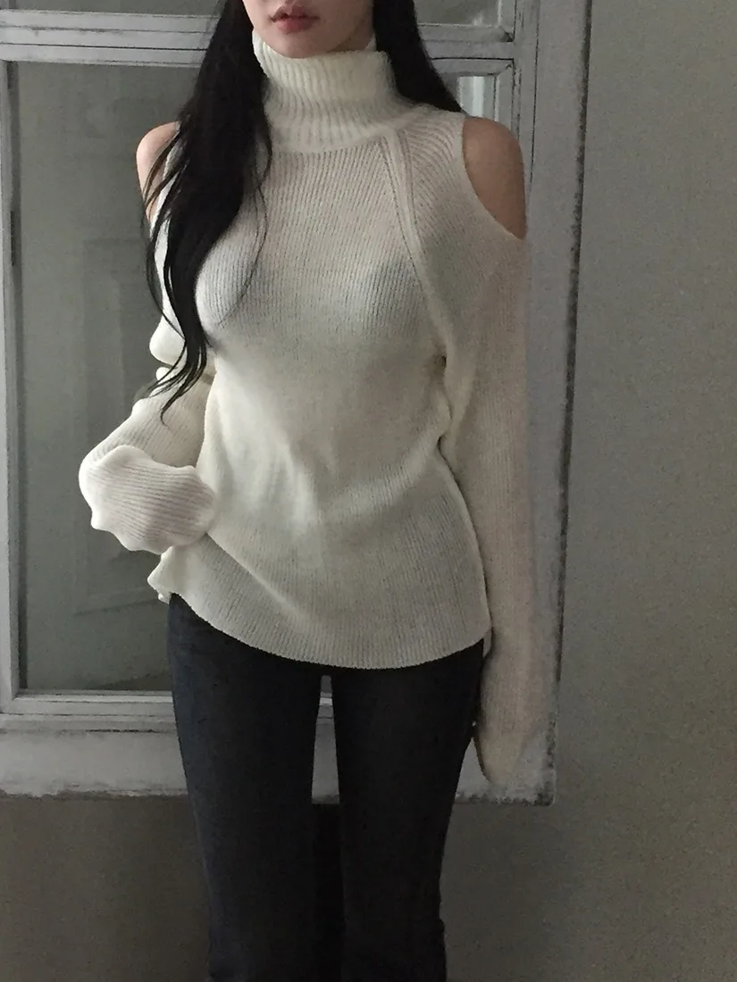 

Chic High Ne Hollow out oulder Long Sve Knitted Top Women's Slim Fit Color Winter Faion Design Pure Color Knit...