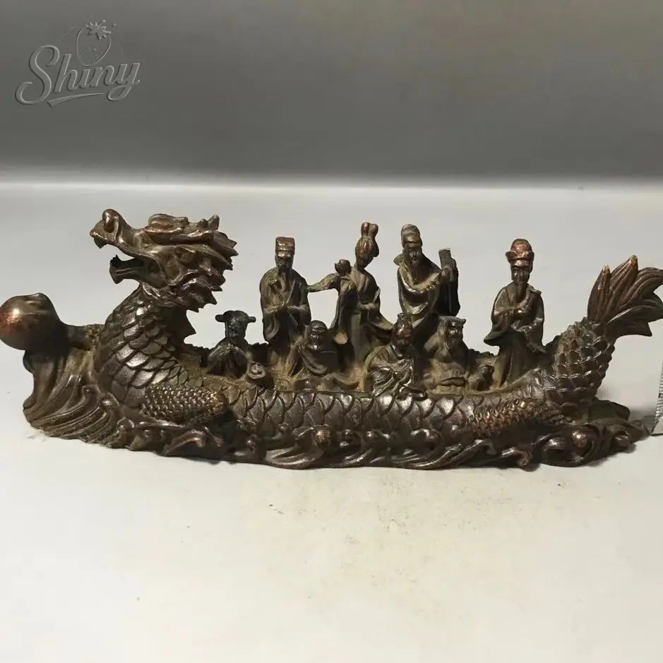 Antique Bronze Eight Immortals Dragon Boat Statue - Chinese Fengshui Figurine Set for Home Office Decor