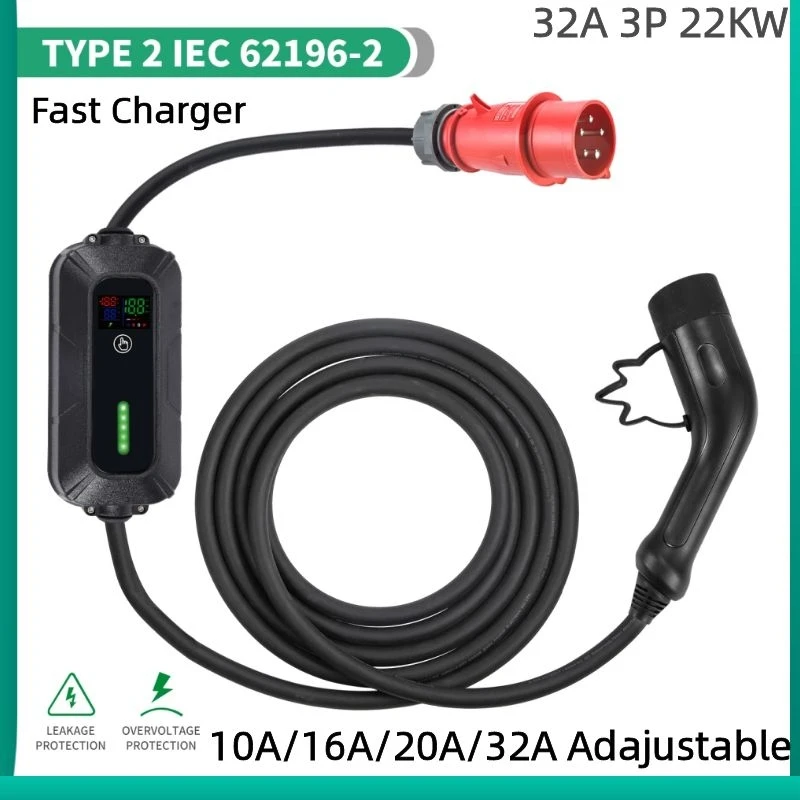 Level 2 EV Charger 22KW 3 Phase Type 2 IEC 62196 CEE Red Plug Portable Electric Vehicle Type 2 Fast Charging EVSE Tesla Vehicles