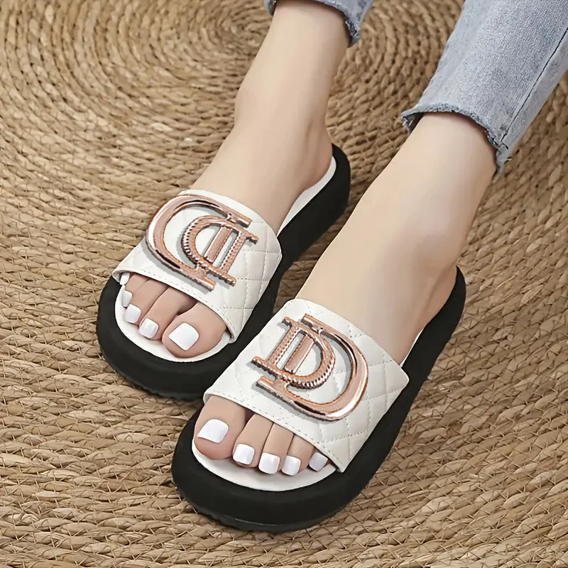 Women\'s Diamond Grid Luxury Decor Flat Sandals Charm Design Open-toe Vacation Casual Slides Party Elegant Office-Ladies Shoes