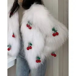 Fall Winter Knitted 3D Cherry Faux Raccoon Fur Coat Cardigan Sweet Imitation Fox Fur Fluffy Jacket Long Sleeve Streetwear Tops