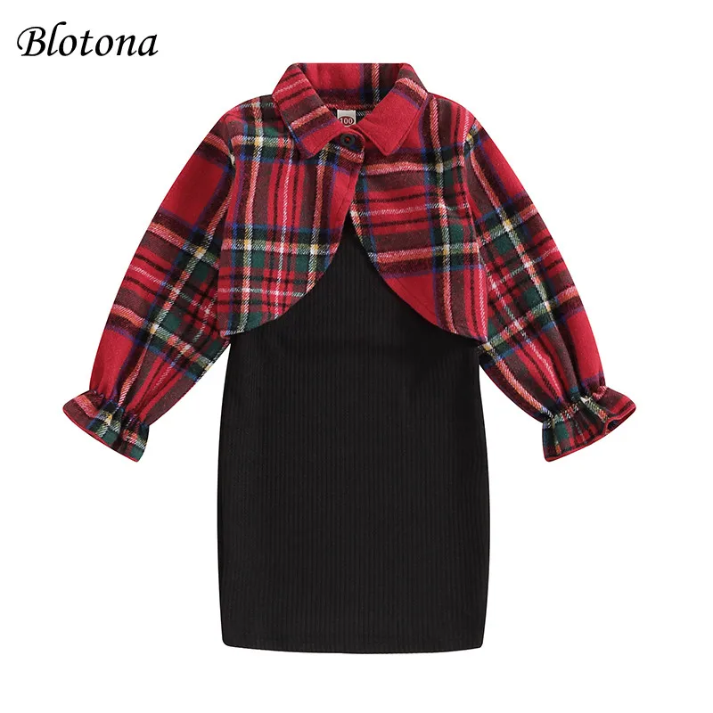 

Blotona Kid Girl Spring Fall 2Pcs Outfits, Fashion Lapel Neck Long Sleeve Short Plaid Coat + Sleeveless Solid Color Cami Dress