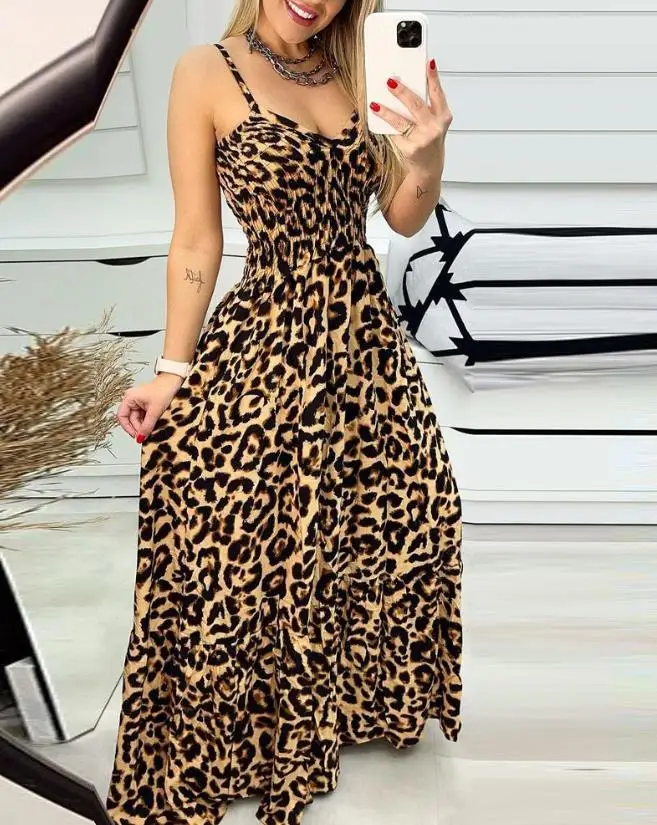 Women's Dress Elegant 2024 Summer Vacation Casual Leopard Print V-Neck Spaghetti Strap Shirred High Waist A Line Maxi Cami Dress