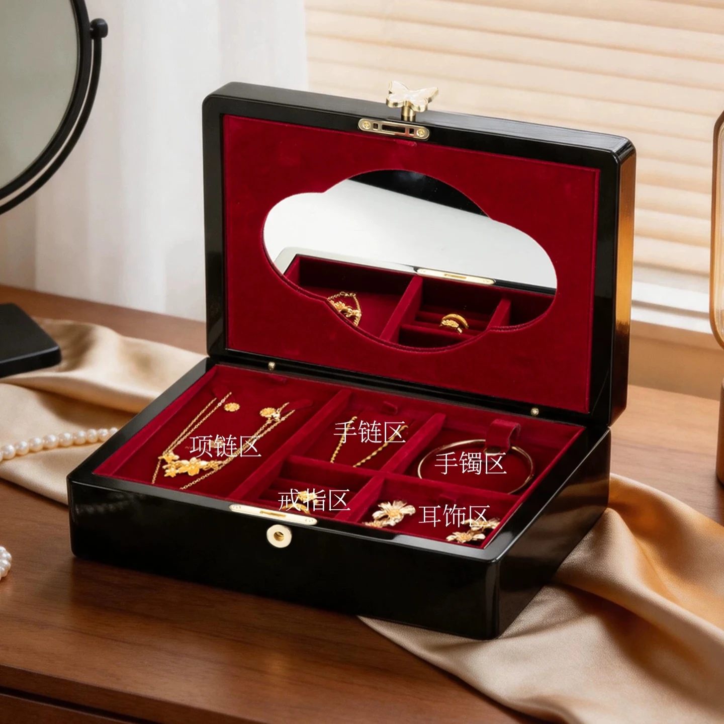 Luxury High End Mother of Pearl Piano Lacquer Jewelry Box with Lock and Mirror Niche Wedding Gift Jewelry Hardware Storage Case