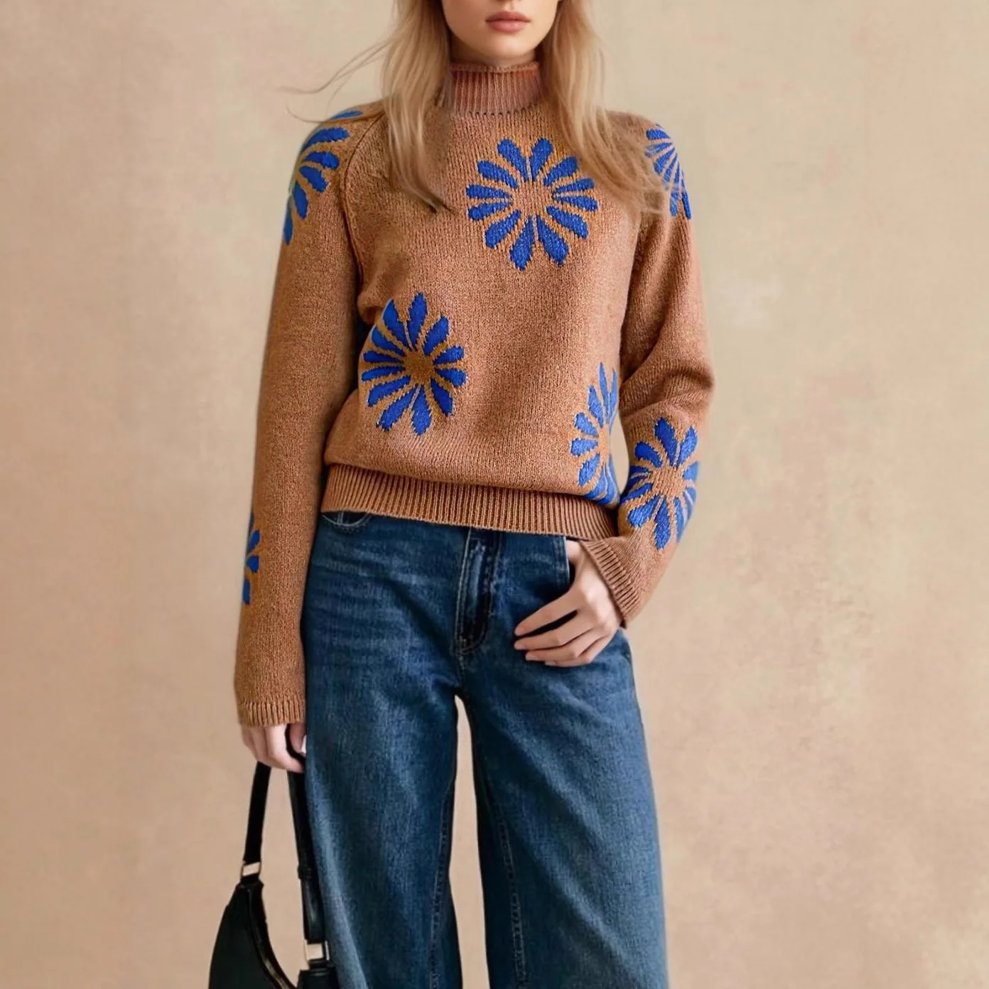 Suninbox Boho Chic Camel Sweater Pullover - Artistic Graphic Knit Top for Casual Daily Wear & Holiday Outfits