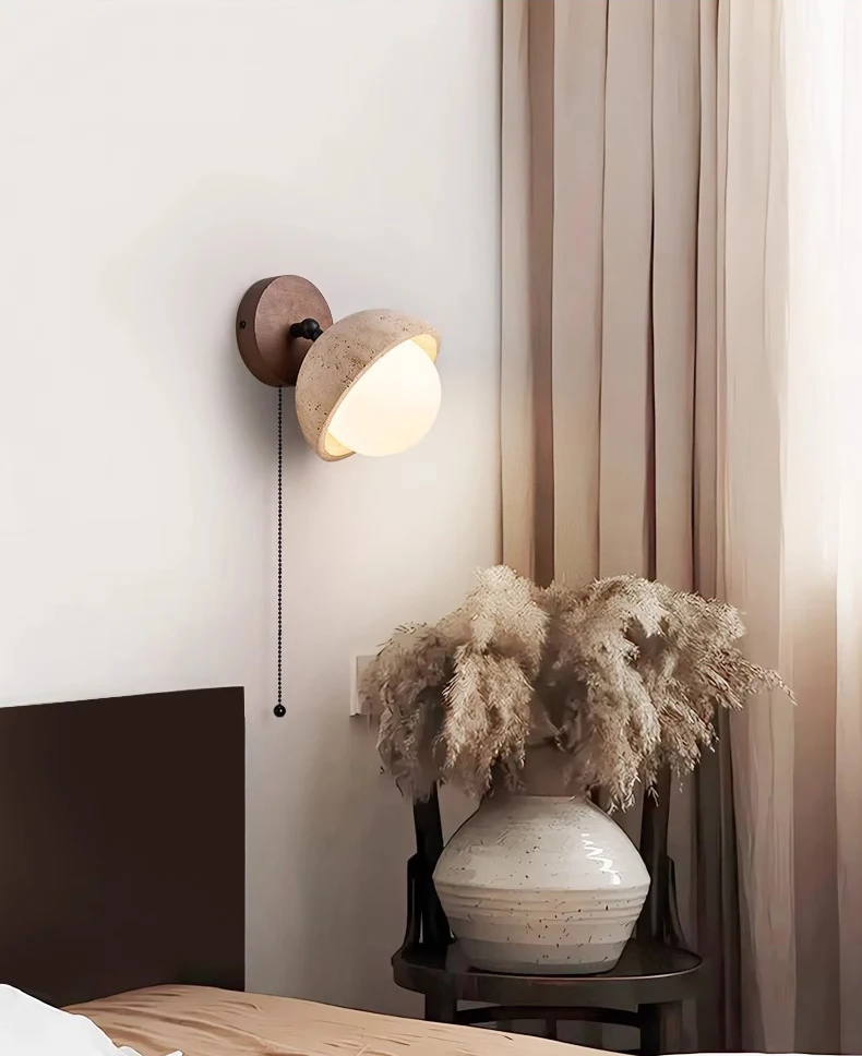 Dark Wood Base LED Wall Lamp Real Stone Vintage Sconce
