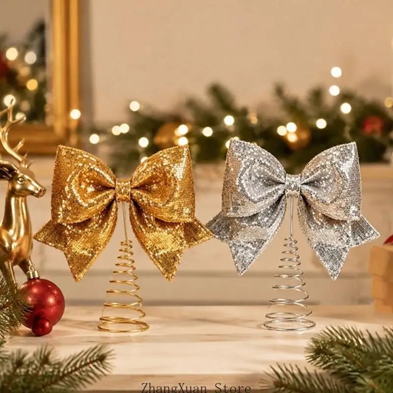 Glitzernde Feiertags-Schleifenverzierung mit Federsockel für Weihnachtsbaum und Fenster, 3 x – Detail 9