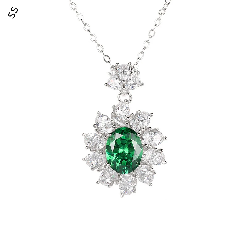 S925 Sterling Silver Necklack with Teardrop Stone Emerald Pendant,Exquisite Elegant Women's Dresses Accessories Decoration