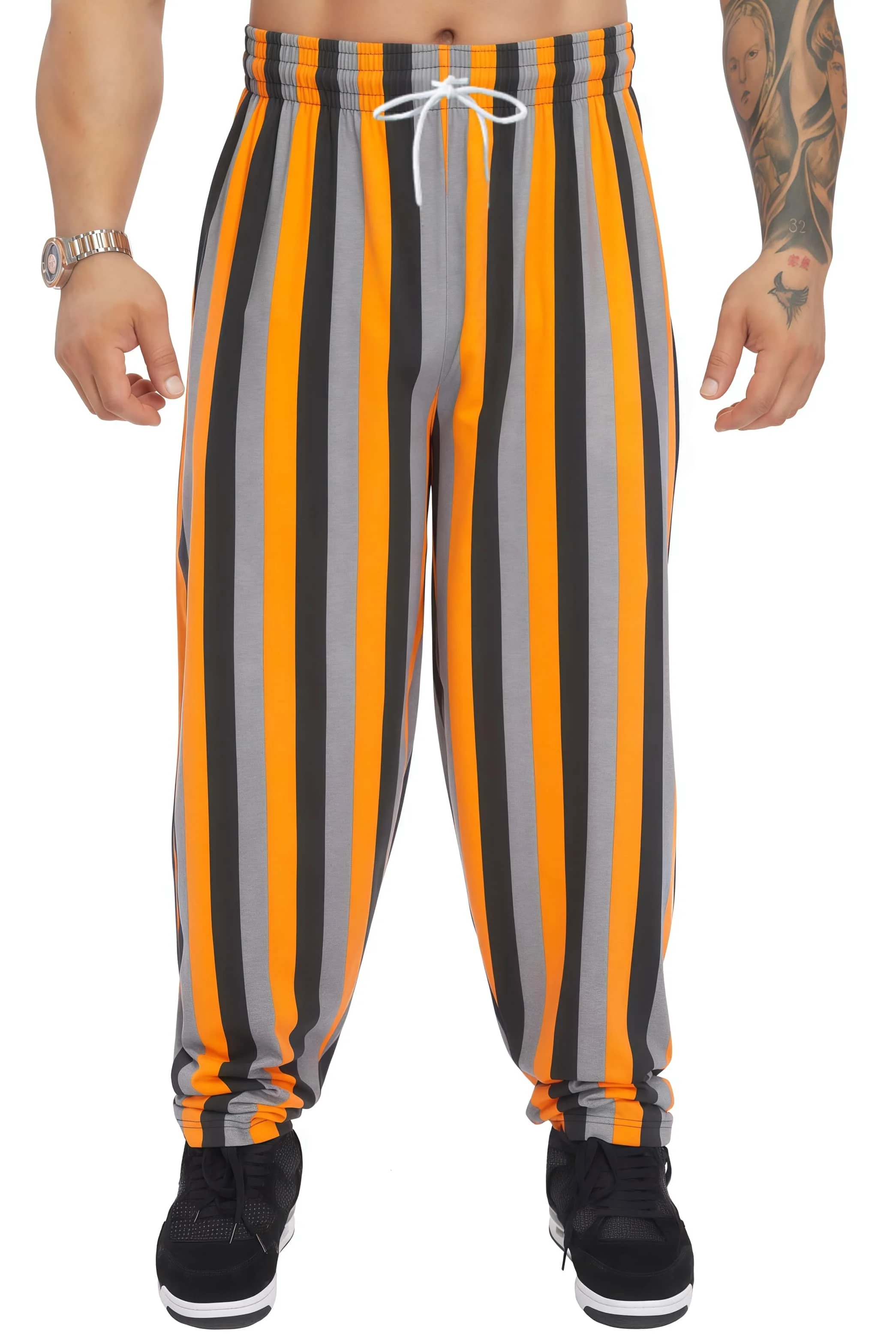 Orange-grau-schwarz gestreifte Herren-Sporthose mit elastischem Bund, Fitness-Training, lässige, vielseitige Jogginghose – Detail 3