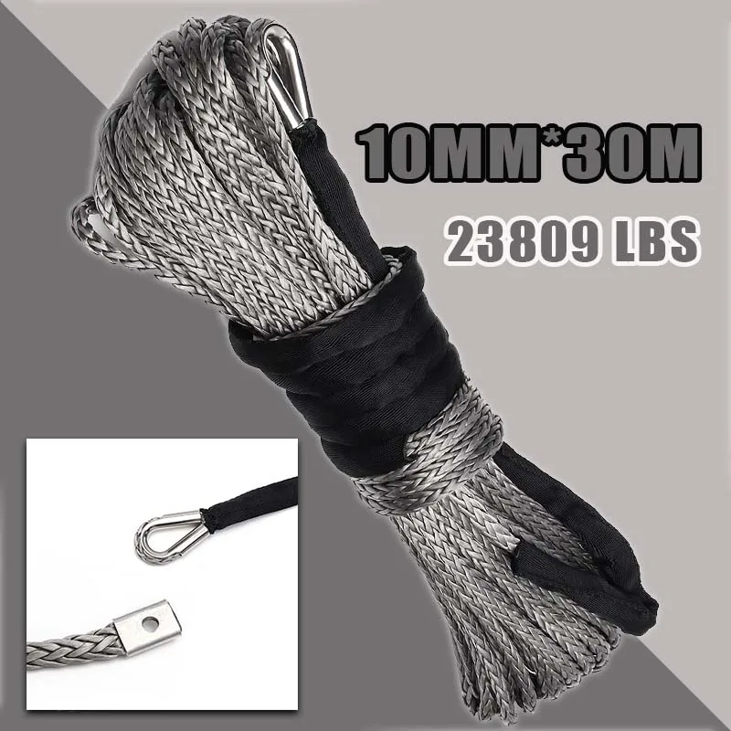 

10mm x 30m 23000LBS 2/5" x 100ft Synthetic Winch Rope Line Grey Recovery Cable 4WD ATV Heavy Duty