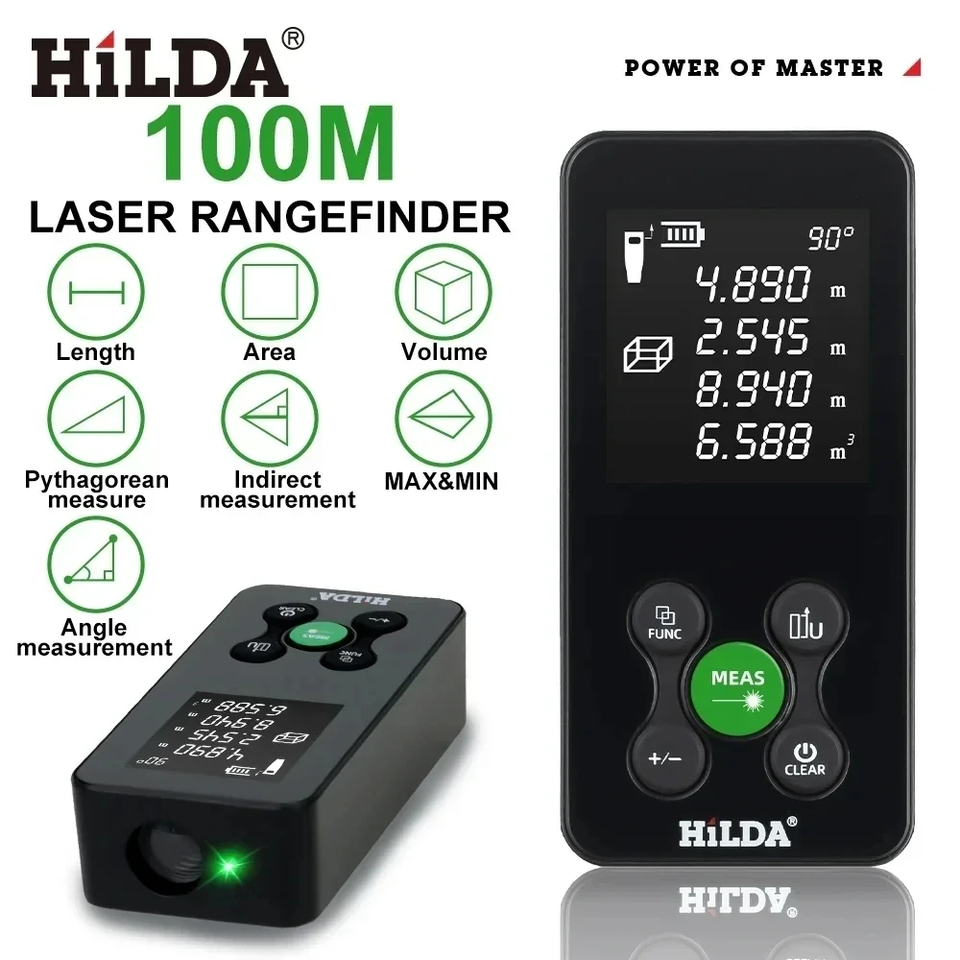  HILDA 50/100/120M Laser Rangefinder Red/Green Light Laser Distance Digital Tape Rechargeable and Measurable Angle Laser Measure 