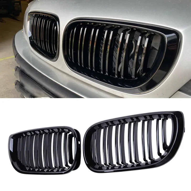 รถด้านหน้าย่างGloss Black Grille Double Slat Hood Racing GrillsสําหรับBMW 3 Series E46 4 ประตู 2002-2005 อัตโนมัติ