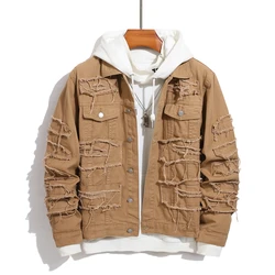 Men Stylish Vintage Hiphop Street Style Splicing Patch Slim Denim Jacket  Male Distressed Solid Motorcycle Denim Jacket Coat
