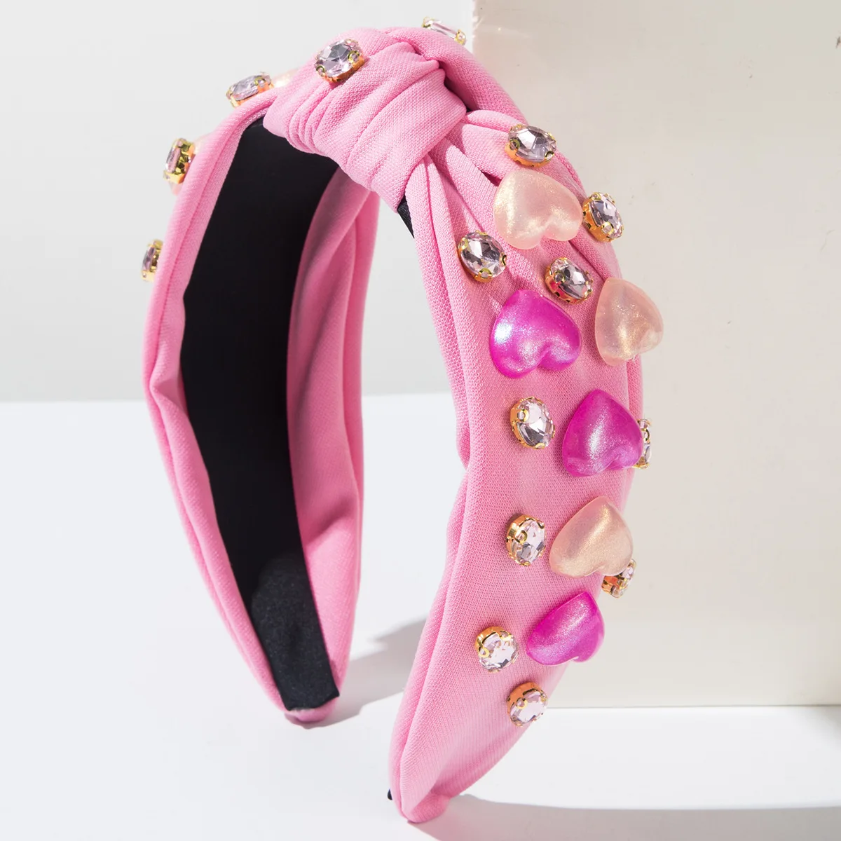 

Pink Heart Headband for Women Rhinestone Headbands Crystal Knotted Bejeweled Wide Hairband Valentines Day Hair Accessories