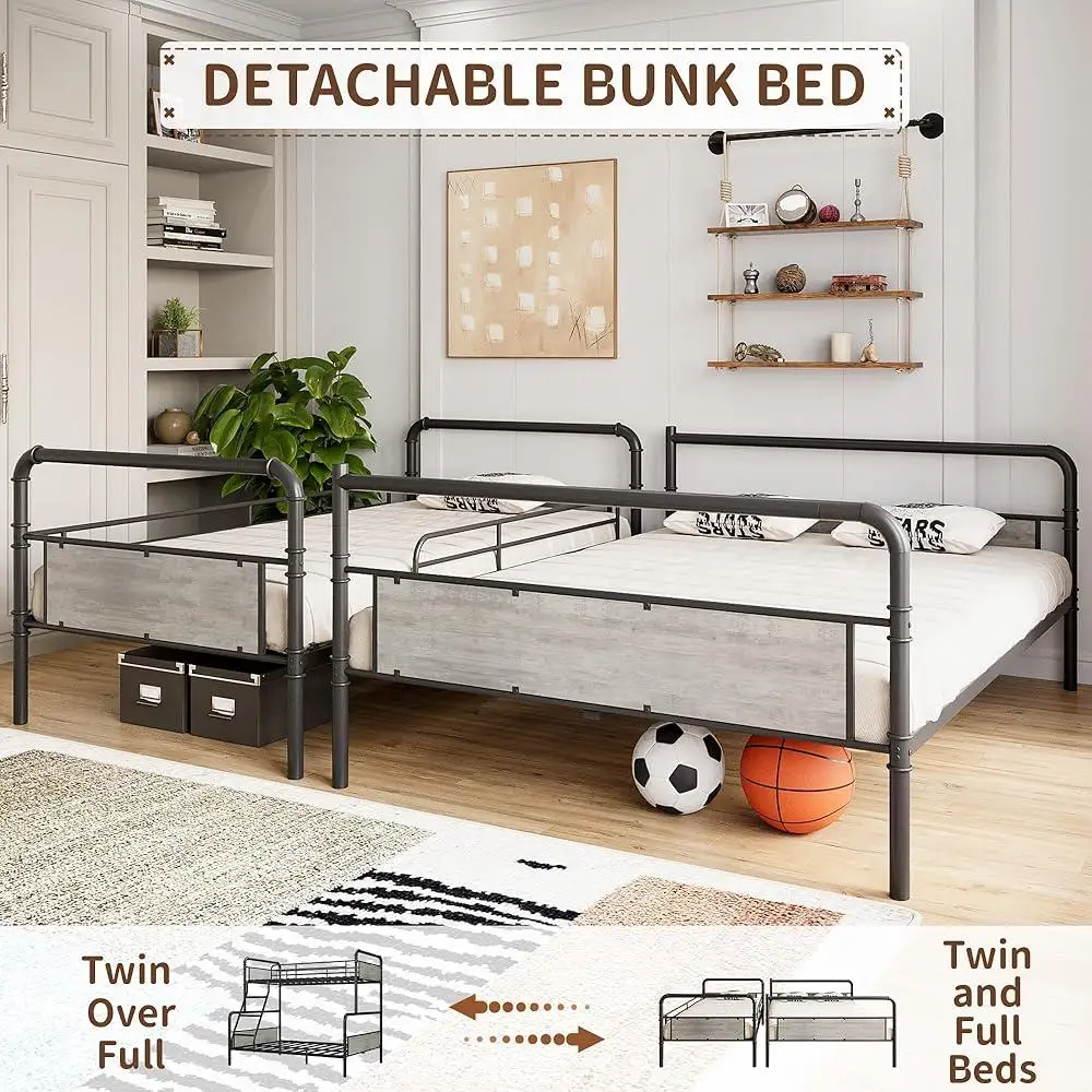 Twin Over Full Metal Bunk Bed with High Guardrail Ladder Convertible Easy Assembly Space Saving Sturdy Design Kids Teens Adults