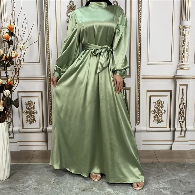 Fashion Women Islamic Satin Muslim Dress Hijab Arabic Closed Abaya Dubai Balloon Sleeve with Ribbon Eid Ramadan Turkish Dresses