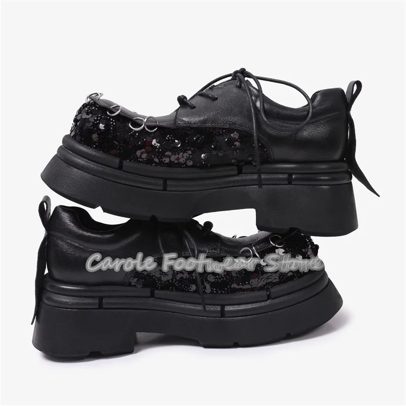 Black Leather Splicing Sequined Derby Shoes for Men Punk Chunky Bottom Big Head Lace-Up Loafers Male Height Increasing Oxfords