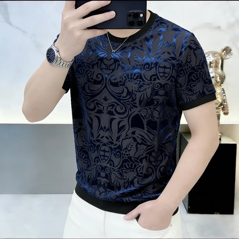 Hollow Out Velour O-Neck T Shirt For Men Short Sleeve Breathable Summer Quality Cool Feeling Stretchy Casual Camisetas De Hombre