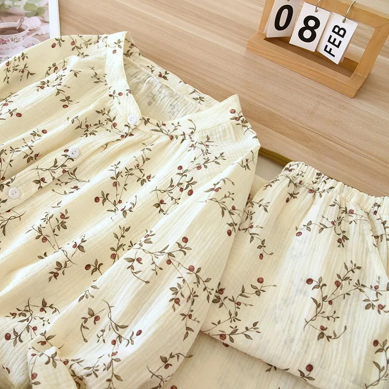 2024 Japanese style Spring Women Pajamas Sleepwear Autumn Female 2 Piece Set Nightwear 100% Cotton Gauze Lady Pyjamas Loungewear