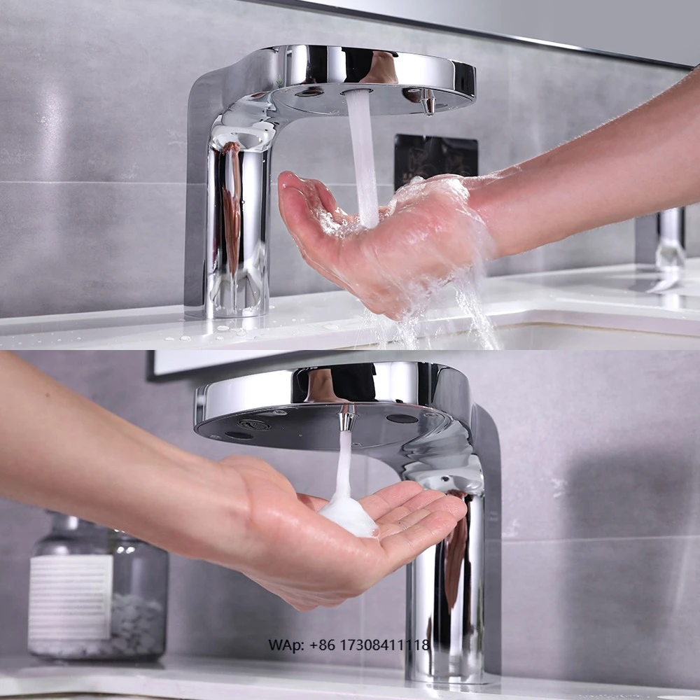 

Factory 2-in-1 Automatic Brass Basin Sensor Faucet and Liquid Foam Soap Dispenser Single Hole Mount for Commercial Use