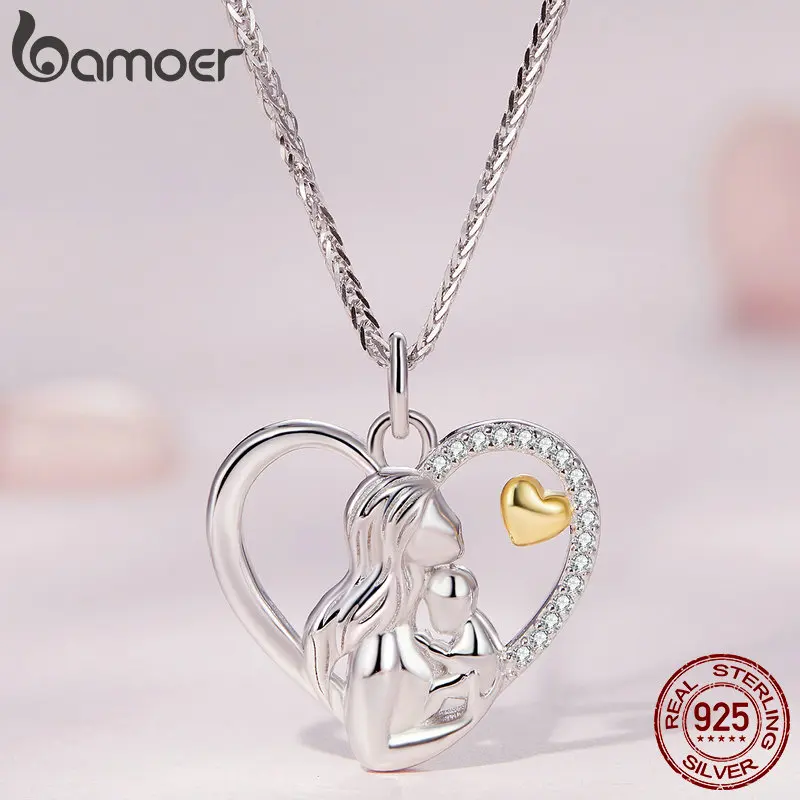 Bamoer 925 Sterling Silver Mother and Child Heart Pendant Necklace for Women Birthday Mother's Day Gift Fine Jewelry SCN498