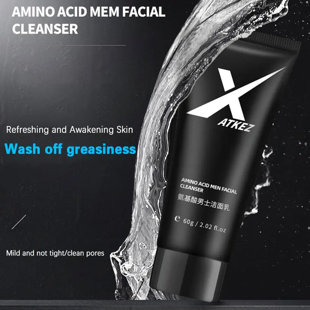 Pembersih wajah asam Amino untuk pria, alat pembersih wajah asam Amino untuk sehari-hari lembut cuci wajah dalam pori-pori membersihkan kontrol minyak jerawat 60g B4M8
