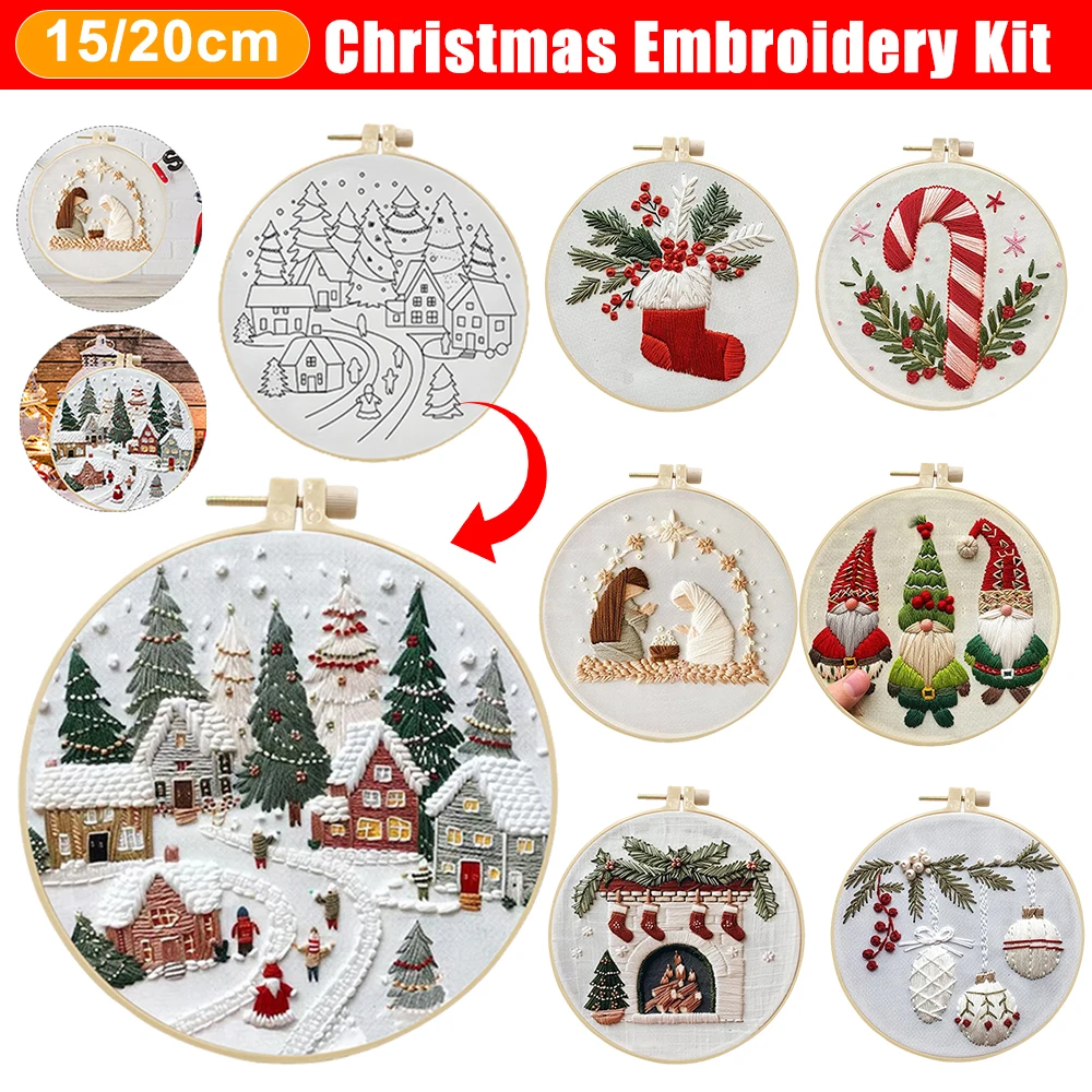 Embroidery Kit for Christmas DIY Wreath Printed Pattern Flower Cross Stitch Set Needlework Hoop Handmade Sewing Art Craft Kit