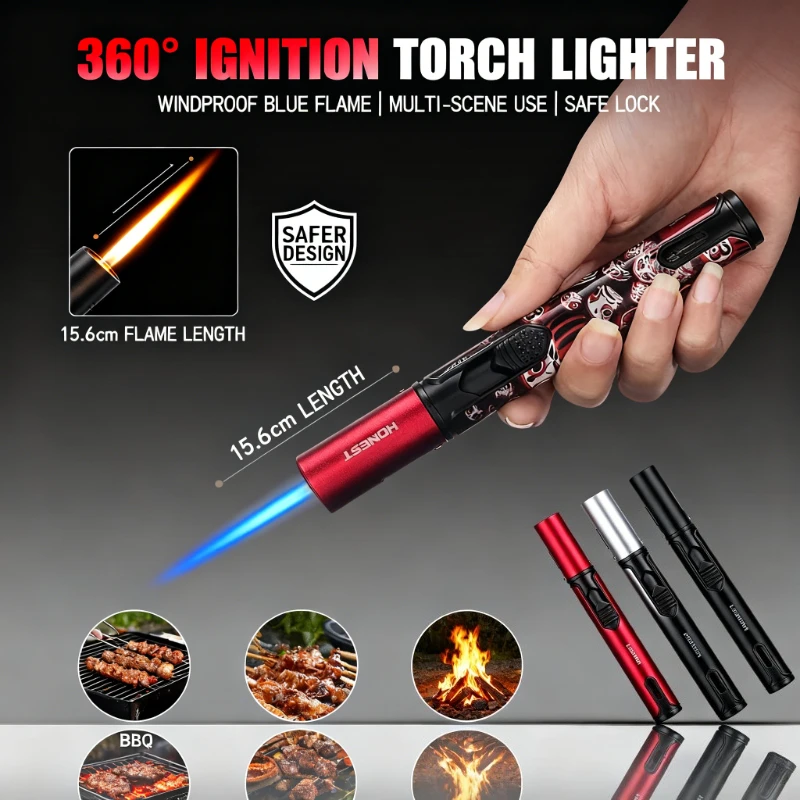 

Professional Cigar Lighter - Ergonomic Long Handle, Powerful Windproof Inflatable, Premium Metal Portable for Cigar Aficionados