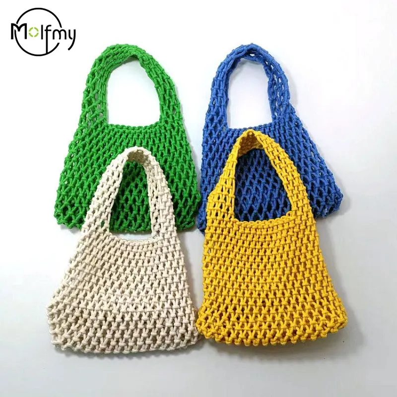 Summer Hand Woven Tote Bag Woman Knitting Crochet Beach Shoulder Bag Hollow Out Handbag Ladies Knitting Straw Rope Underarm Bag
