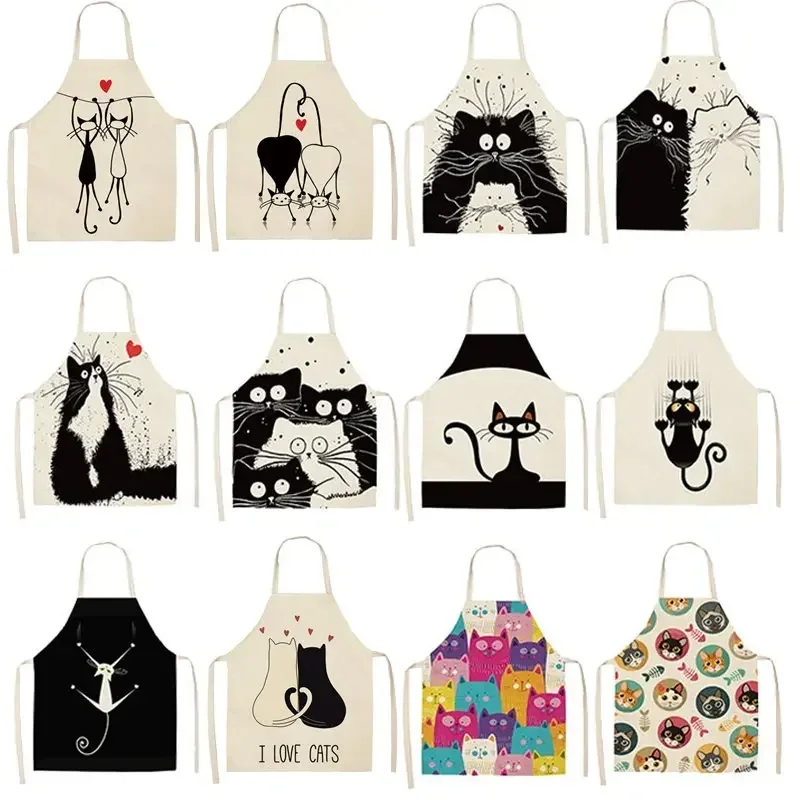 Kitchen Apron Cute Cartoon Cat Printed Sleeveless Cotton Linen Chef Aprons for Men Women Home Cleaning Tools Baking Accessories