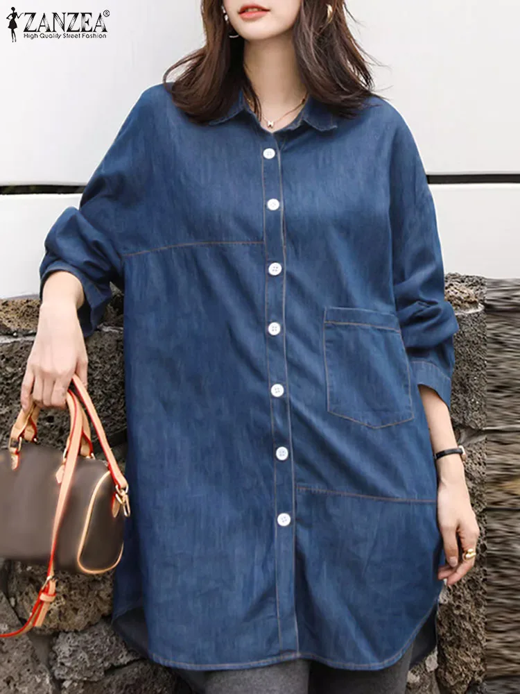 ZANZEA Oversized Women Denim Long Shirt Fashion Lapel Pockets Top 2024 Summer Casual Streetwear Tunic Vinatge Long Sleeve Blouse