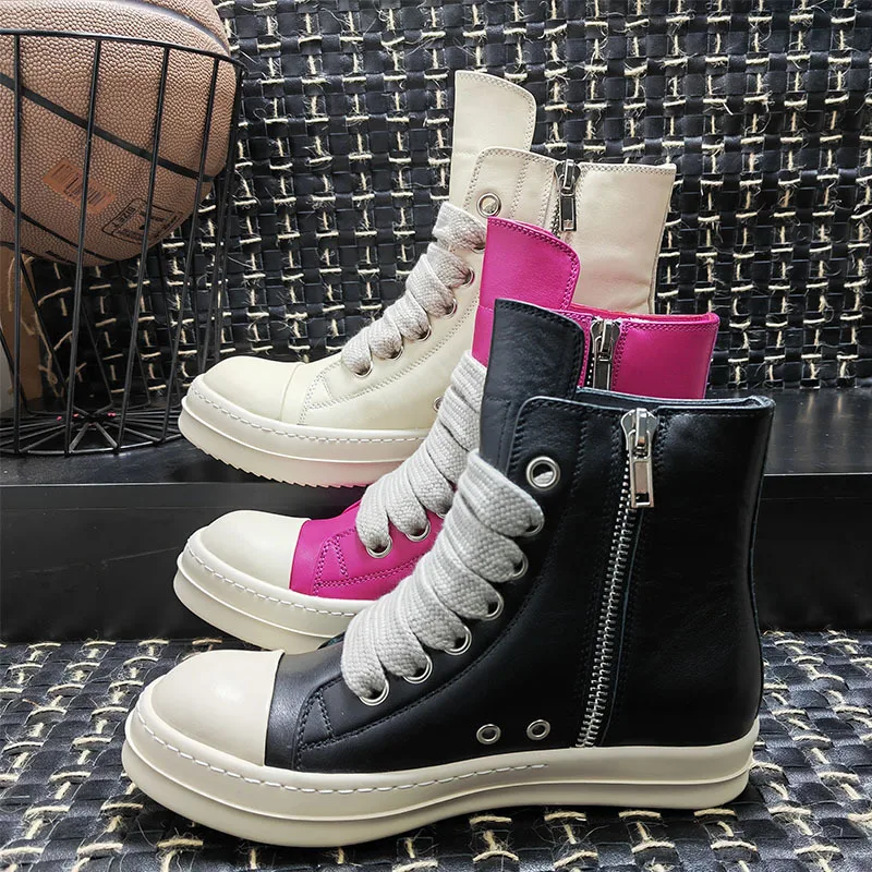 

Men Shoes For Women Genuine Leather High Top Thick Sole Jumbo Shoeslace Boots Owens High Street Vintage Luxury Skateboard