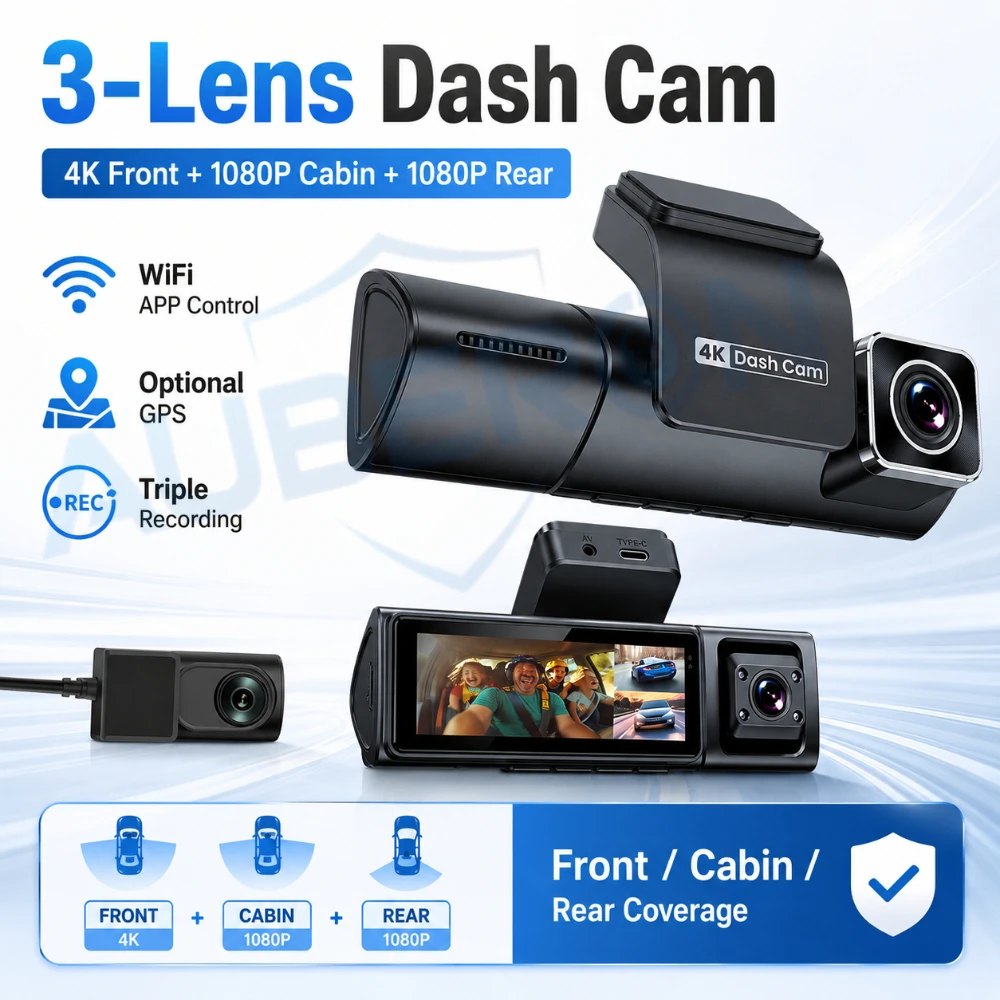 4K 3 Channel Dash Cam Front Cabin Rear 1080P WiFi App Night Vision G-Sensor Loop Recording Parking Monitor GPS Optional Car DVR