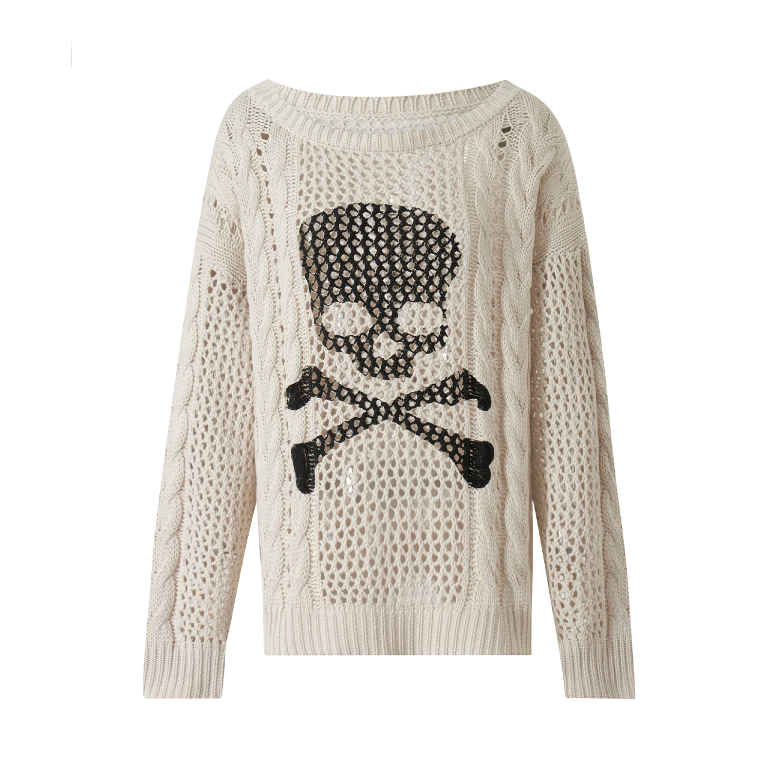 Harajuku Grunge Y2K Aesthetics Retro Jumpers Skeleton Print Hollow Out Knitted Sweater Autumn Full Sleeve Pullovers Korean