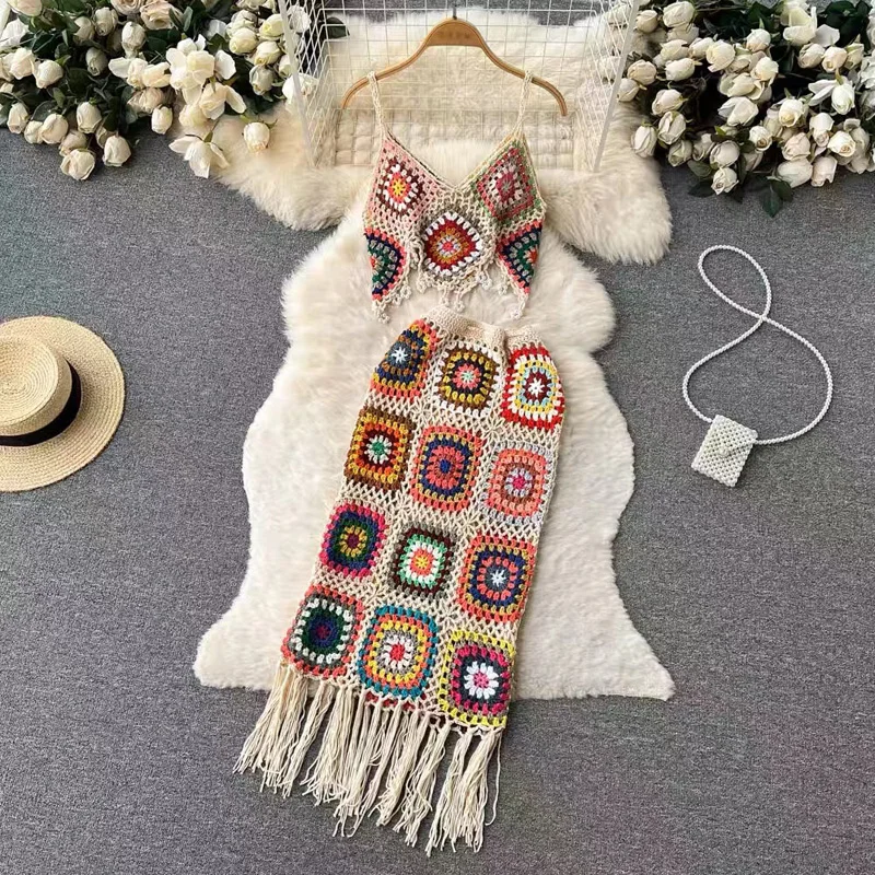 OUMEA Women Handmade Crochet Two Pieces Set Summer Beach Fringed Skirt Bohemian Multi Color Sexy Crochet Set