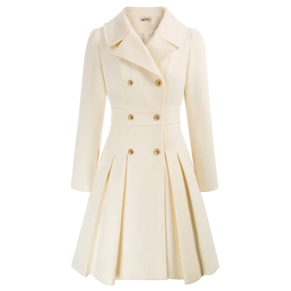GK Women Long Sleeve Coat Double Breasted Overcoat Above Knee Pleated Lapel A-Line Wool Blends Coat Winter Warm Jackets