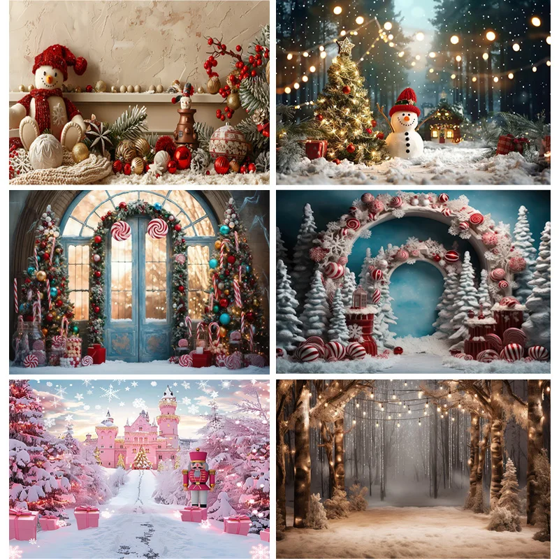 

Christmas Tree With Gift Boxes Photography Backdrops Winter Snow Decorations Wooden Door Fireplace Room Background Props WR-13