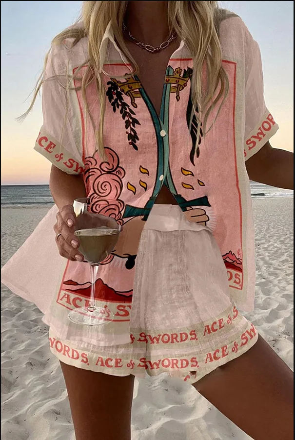 

Fashion Print Beach Holiday Set For Women Summer New Short Sleeve Buttoned Shirt Wide Legs Shorts Oversized Two Piece Set
