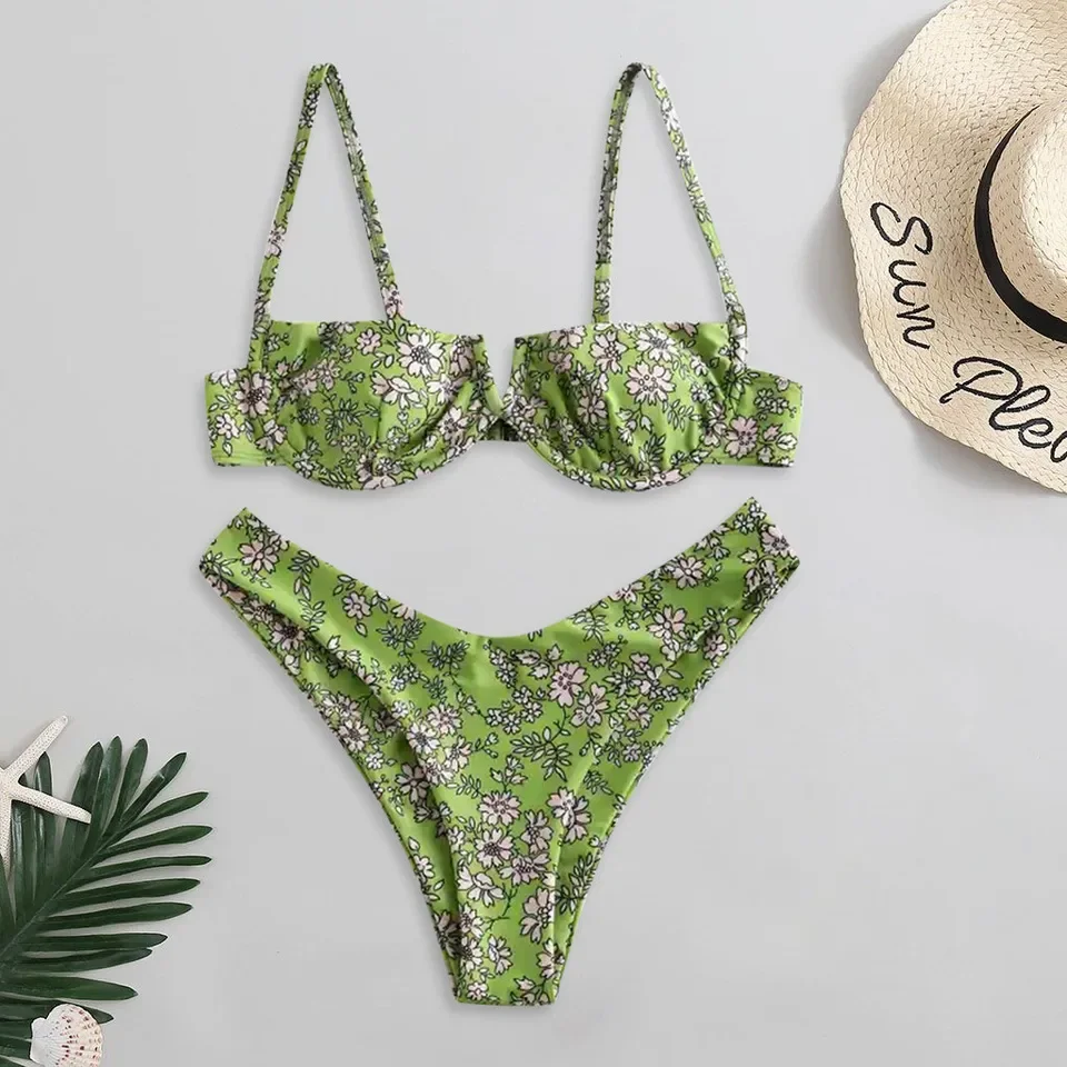 

New V Wired Bikini Set Flower Printed High Cut Plus Size Bikinis Sets For Women Swimsuit Beachwear Swimwear Women купальник