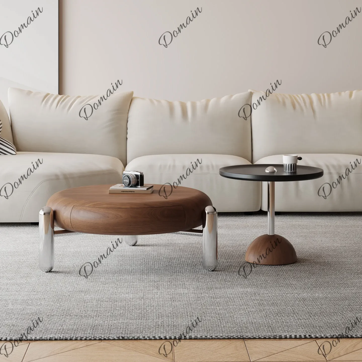 BJ Mid Century Modern Black Walnut Veneer Coffee Table Luxury Living Room Round Nesting Tables Set
