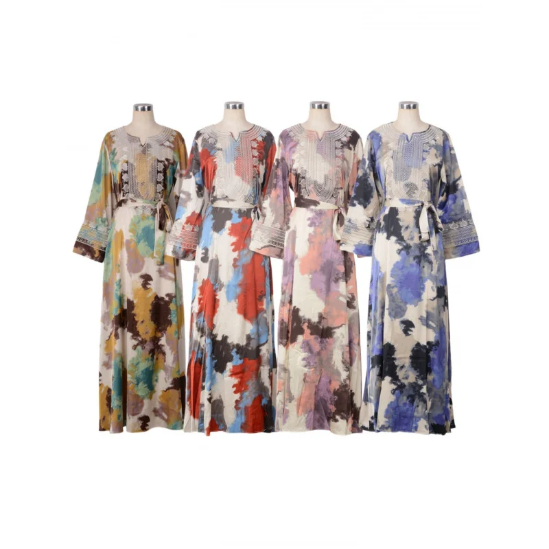 

142, новый стильный женский халат на Ближнем Востоке, новинка 2025, большое свободное платье с принтом и вышивкой, Ins