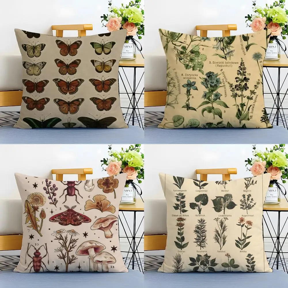Informative Butterfly Flower Mushroom Botanical Cushion Cover Washable Linen comfort Soft  for Sofa Bed Cozy Home Room Decor