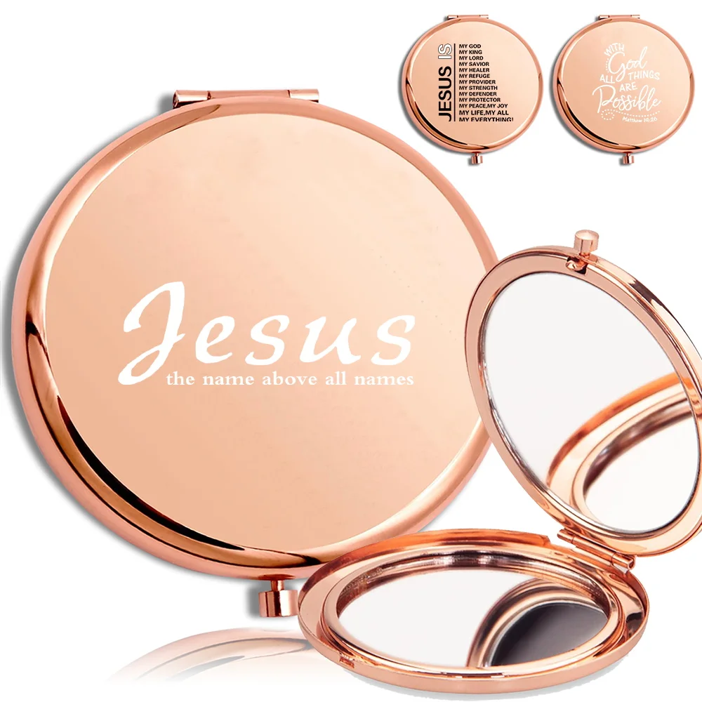 

Folding Women Metal Cosmetic Mirror Portable Handheld Mirror Beauty Accessories Outdoor Cosmetic Tool Jesus Letter Pattern