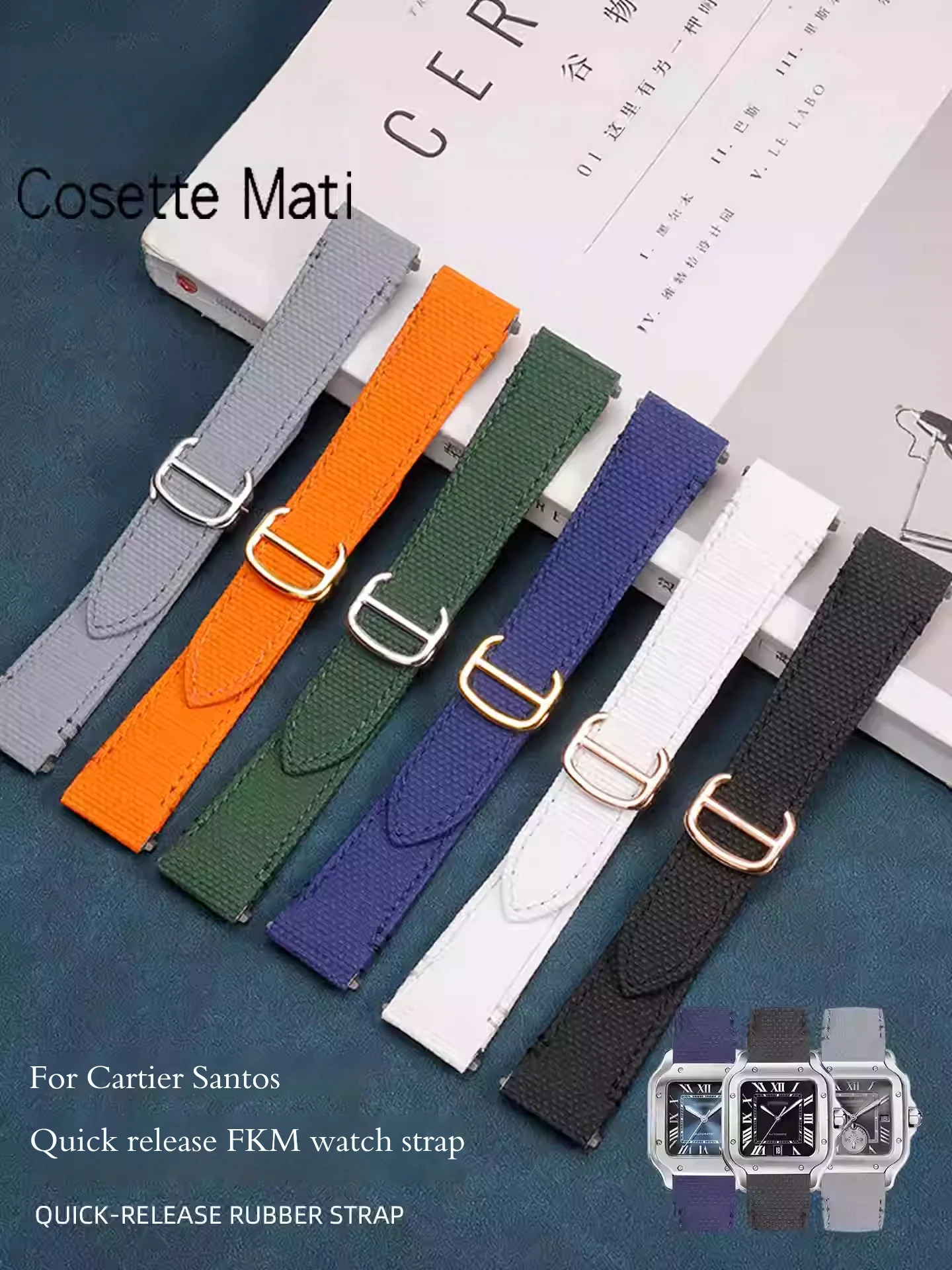New style FKM watch strap for Cartier Santos 19mm 20mm fluororubber watchband Original steel buckle watch belt