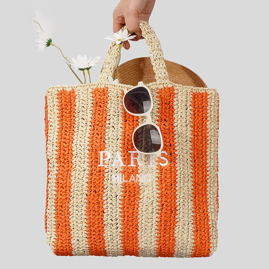 

Fashion Striped Straw Tote Bag Designer Brands Paper Woven Women Handbags Casual Handmade Summer Beach Bags Big Shopper Purses