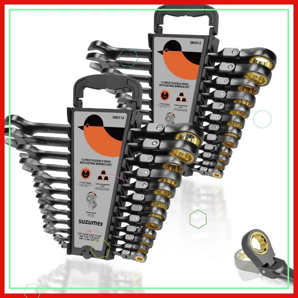 

24-Piece Metric & SAE Flex Head Ratchet Wrench Set with 180° Rotating Head, Cr-V Steel for Auto Repair
