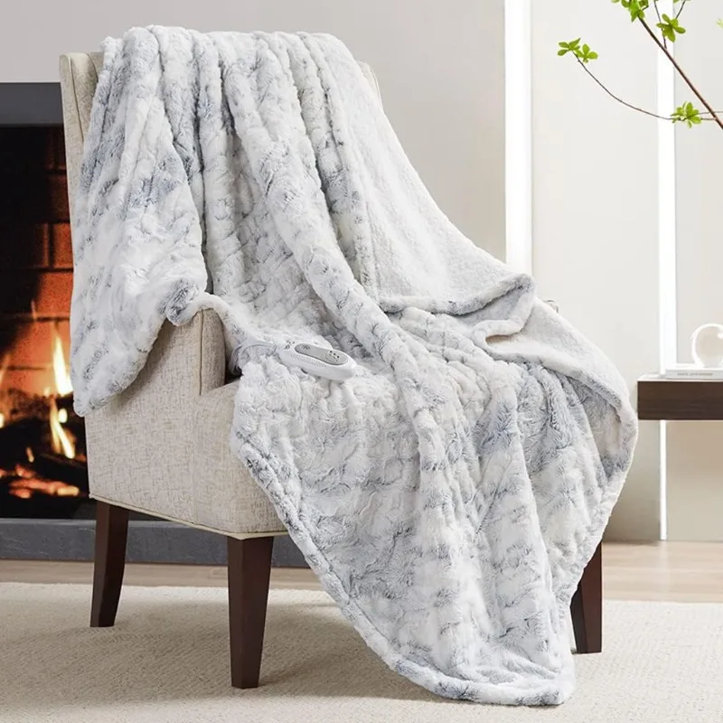 

Soft Faux Fur Electric Blanket, Heated Throw with Fuzzy Sherpa Back | White/Slate Marble Lightweight Warming Throws