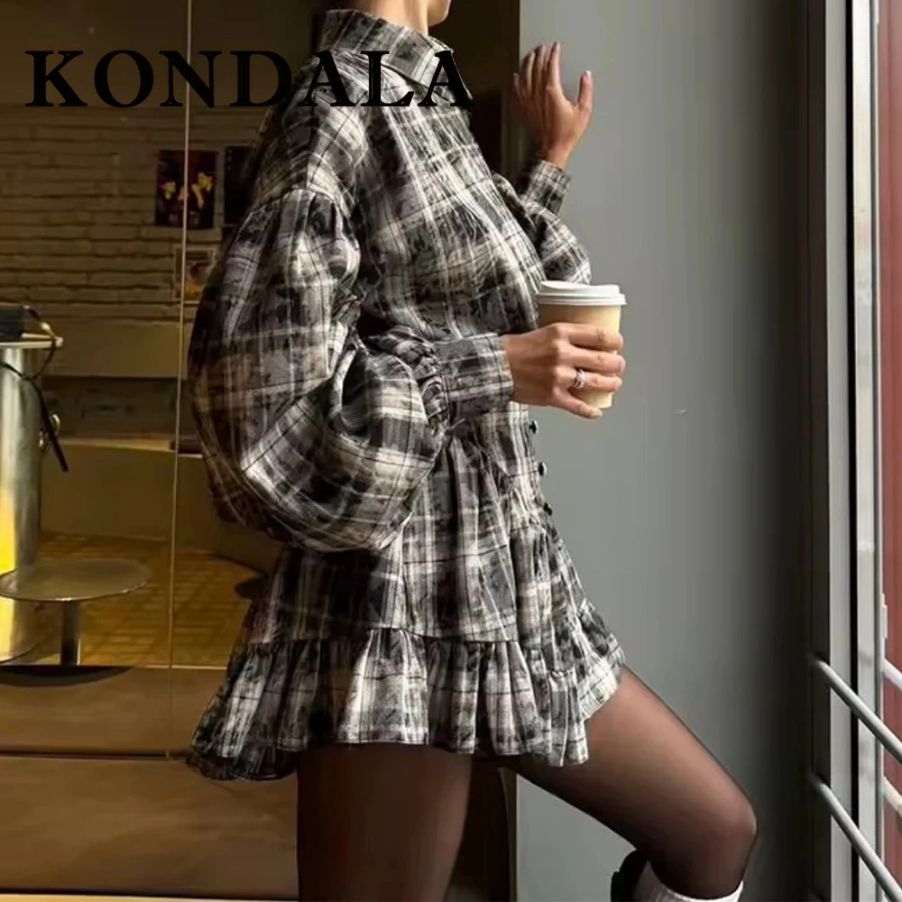 

KONDALA шикарный клетчатый элегантный женский костюм с отложным воротником и пуговицами, рубашка + мини-юбка Falala, модные весенние повседневные женские комплекты 2025 года