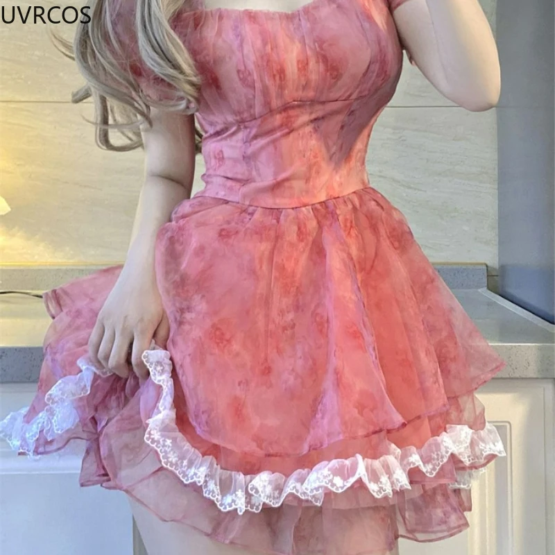 Sweet Lace Mesh Party Mini Dress Women Summer 2k French Gentle Chiffon Fairy Dresses Female Korean Print Princess Flower Dresses